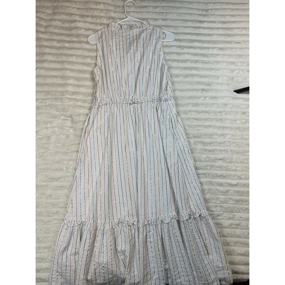 J Crew‎ Dress Women's White Multi Metallic Shimmer Stripe Ruffle Trim Midi 10 - Picture 2 of 15